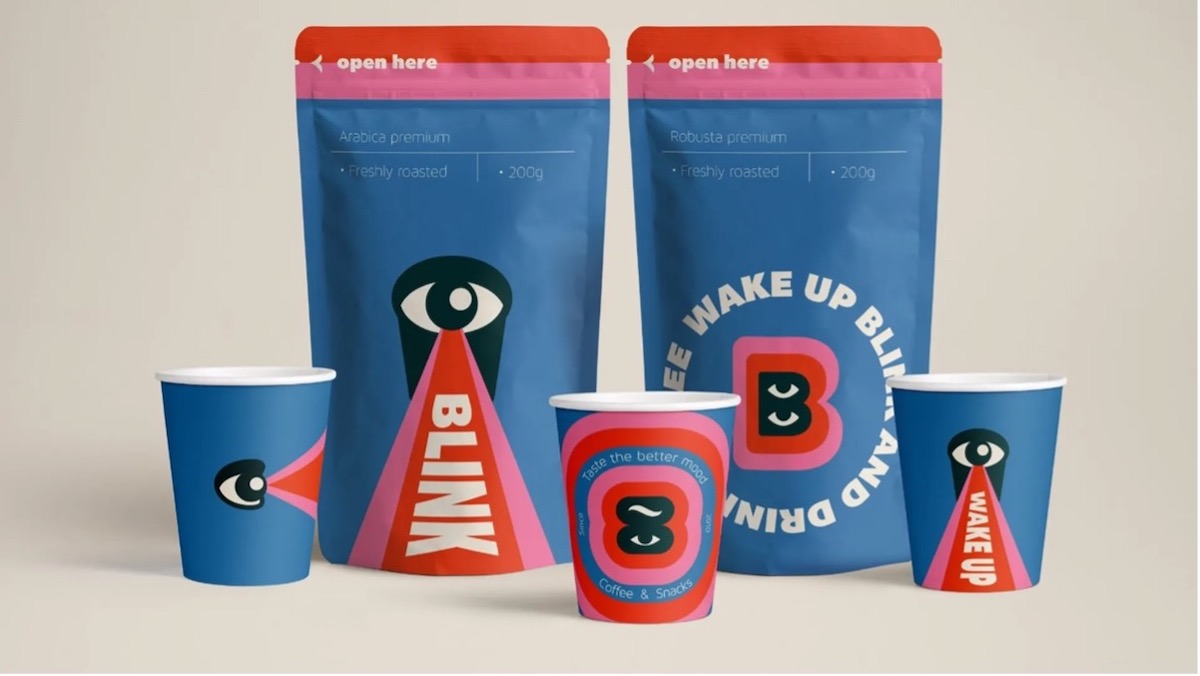 Blink Coffee employs a colorful, chunky design that reinforces its brand and one of the main benefits of the product.