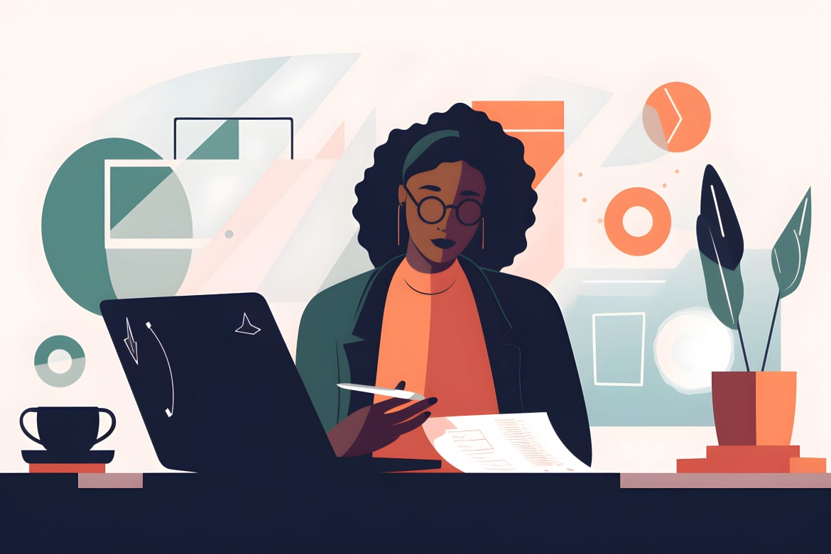illustration of a woman at a desk studying