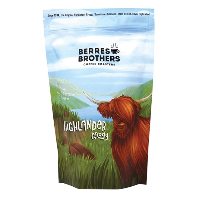 Berres Brothers Coffee Roasters uses a playful illustration of a Highland cow to nod to its most popular coffee’s Scottish inspiration