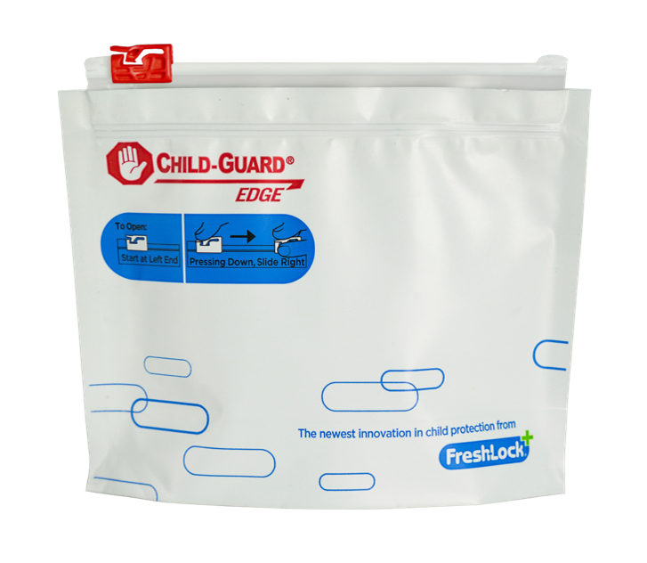 child-guard edge closure on flexible pouch