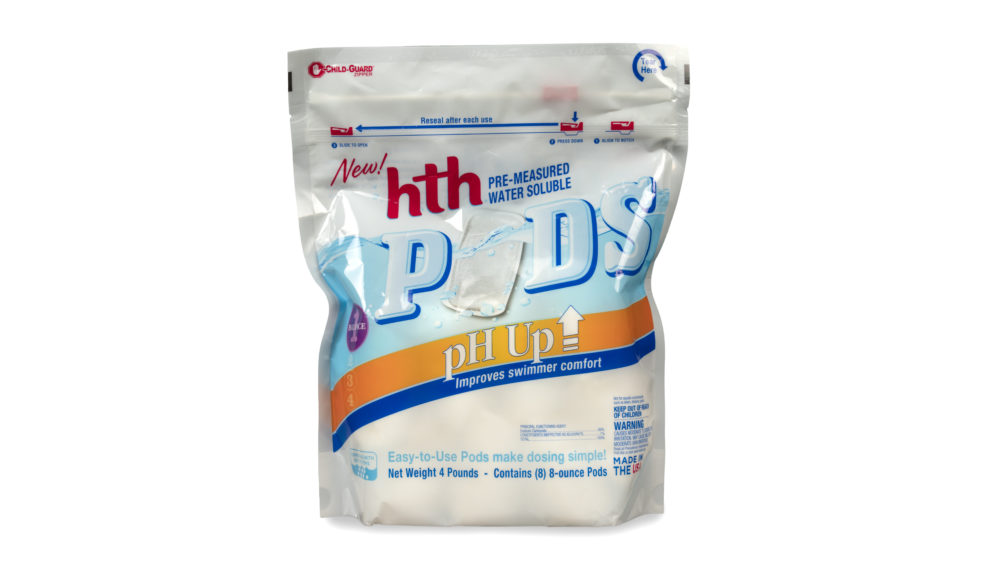 hth pre-measured water soluble pods uses flexible packaging with a child-guard closure
