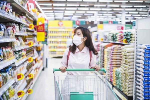 female wearing mask shopping in supermarket