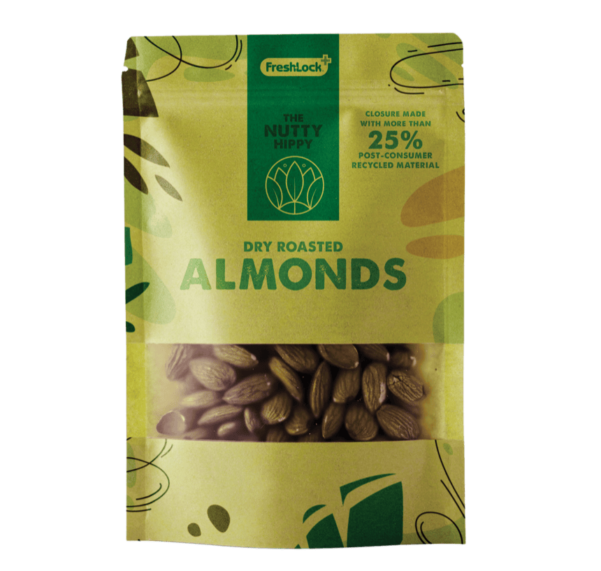 The Nutty Hippy dry roasted almonds pouch with a Fresh-Lock closure made with post-consumer recycled material