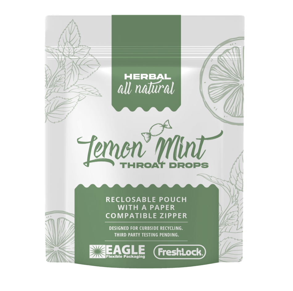 Lemon Mint throat drops reclosable pouch with a paper-compatible zipper